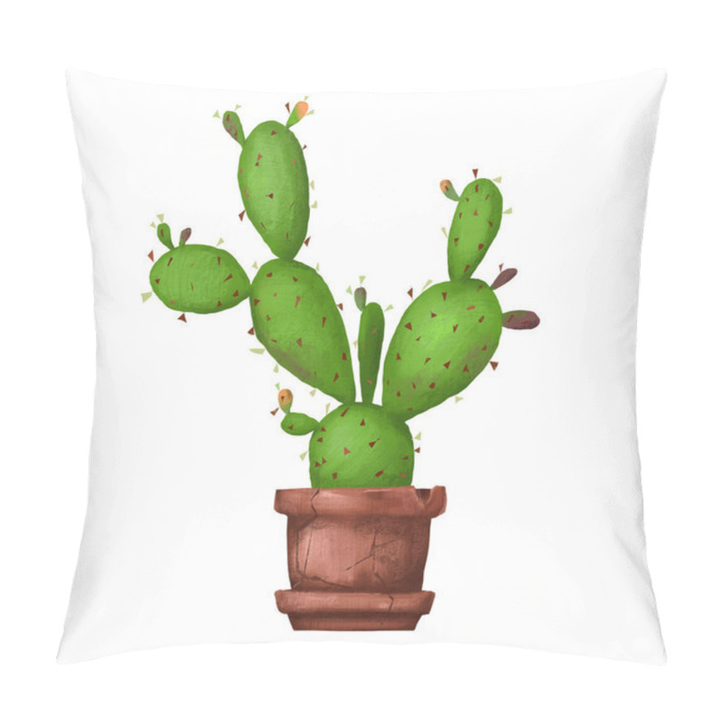 Personality  Flowerpot With Green Ripe Cactus With Prickly And Thorns Painted In Digital. Botanical Illustration, Desert, Tropical Fruits, Prickly Pear Illustration, Opuntia Art, Design, And Decor Elements. Pillow Covers