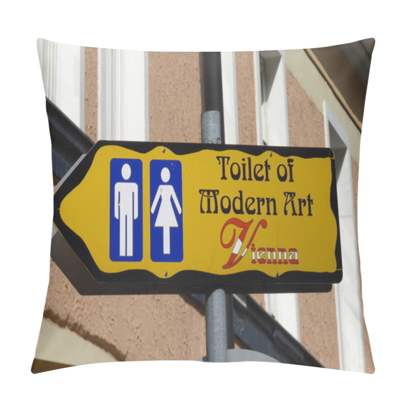 Personality  Vienna, Austria, April 4, 2013, Artistic Humor In Vienna: Yellow Directional Sign To 'Toilet Of Modern Art' Blends Functionality With Cultural Wit - Where Basic Necessity Meets Creative Expression. Pillow Covers