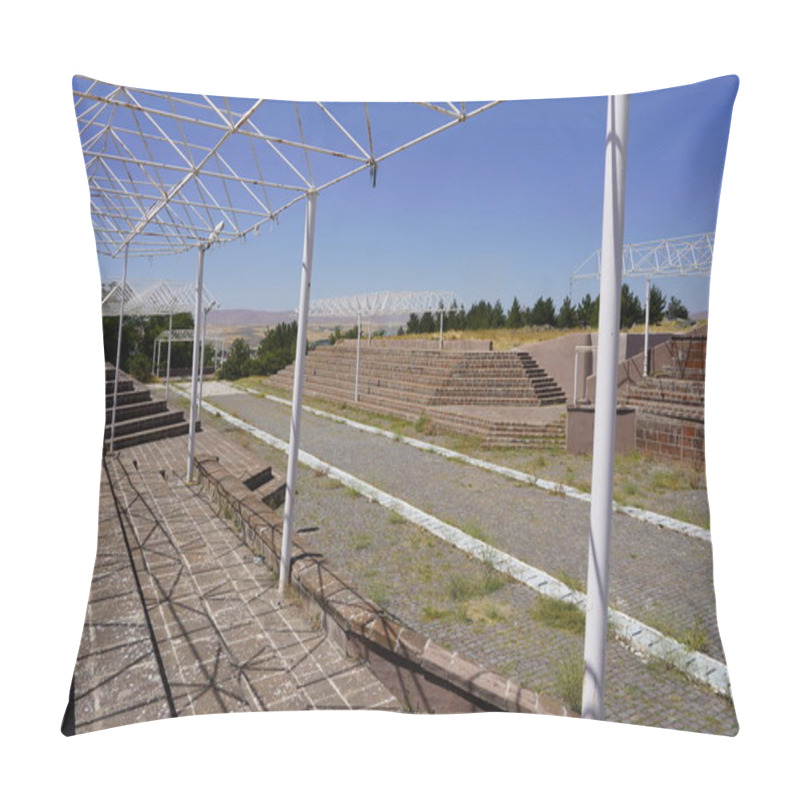 Personality  Modern Minimalism: A Steel Canopy Over Brick Stairs, Symbolizing Support And Progress Under An Open Sky Pillow Covers