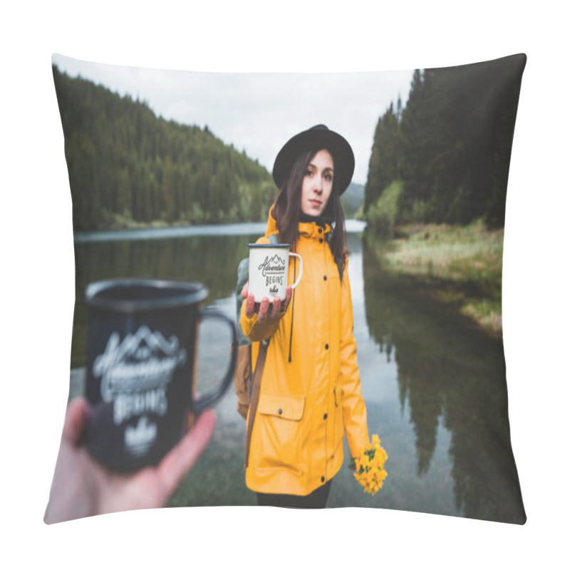 Personality  Beautiful Girl With Hat, Backpack And Yellow Jacket Holding Outdoor Mug Or Cup. Morning Hot Coffee In Nature. The Adventure Begins Outdoor Concept. Travel And Wanderlust Pillow Covers