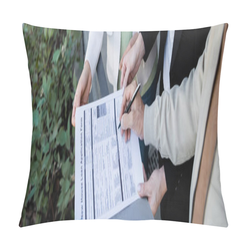 Personality  Partial View Of Blurred Man Signing Loan Application Near Wife And Realtor, Banner Pillow Covers