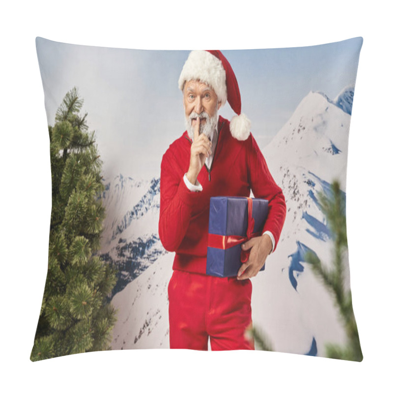 Personality  Mysterious Bearded Santa Holding Present And Showing Silence Gesture At Camera, Winter Concept Pillow Covers