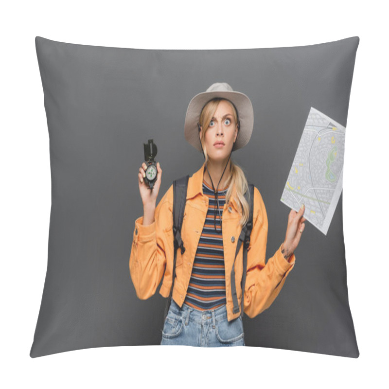 Personality  Thoughtful Traveler With Backpack Holding Compass And Map Isolated On Grey  Pillow Covers