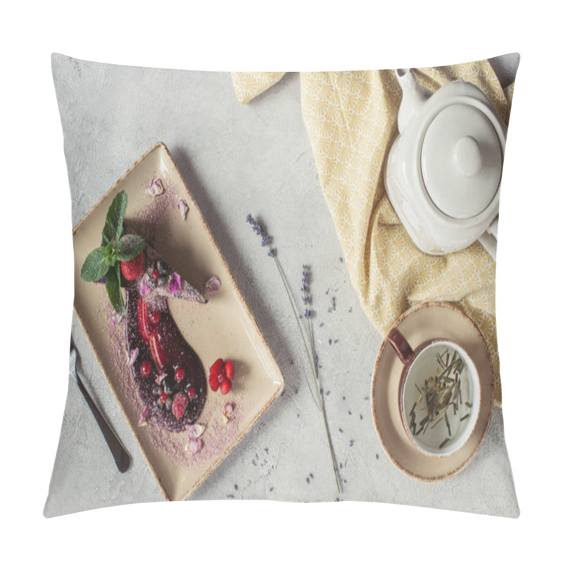 Personality  Food Composition With Piece Of Blueberry Cake Served With Mint Leaves And Violet Petals On Plate, Teapot And Cup Of Herbal Tea On Grey Tabletop Pillow Covers