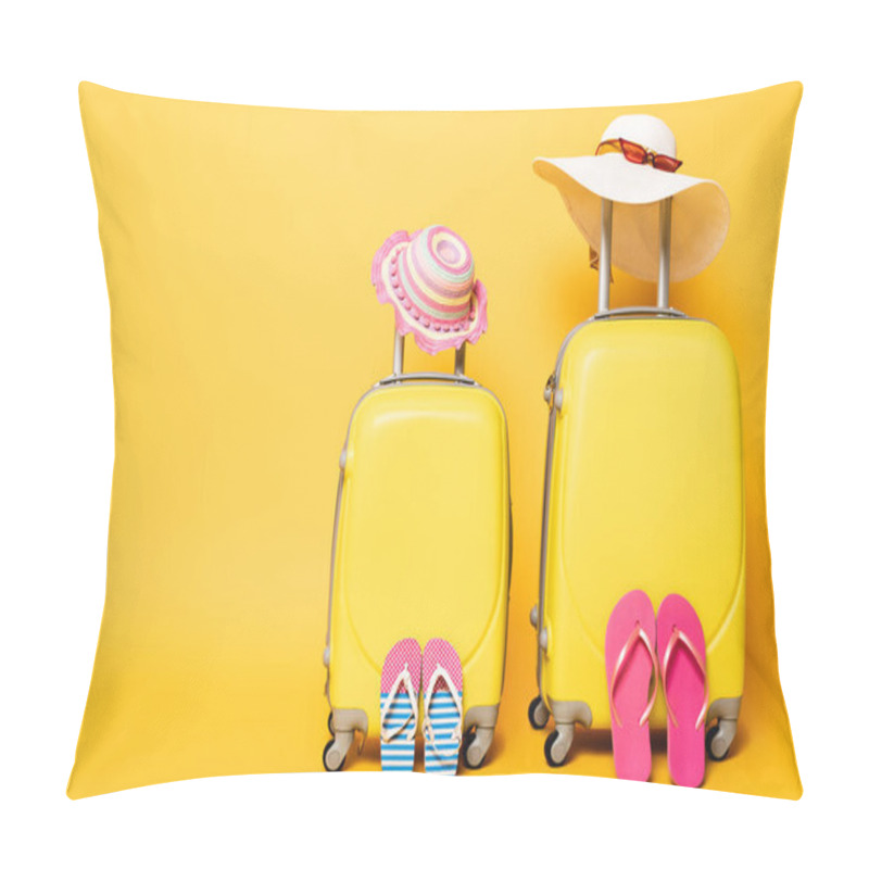 Personality  Mother And Daughter Travel Bags With Flip Flops, Sun Hats And Sunglasses Isolated On Yellow Pillow Covers