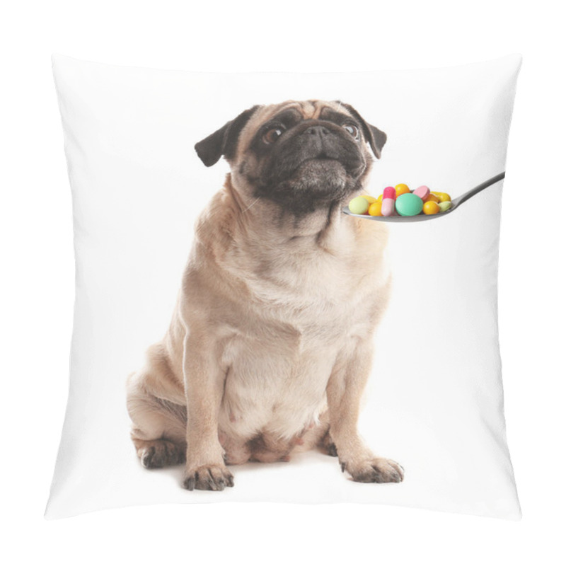 Personality  Cute Pug Dog And Spoon Full Of Different Pills On White Background. Vitamins For Animal  Pillow Covers