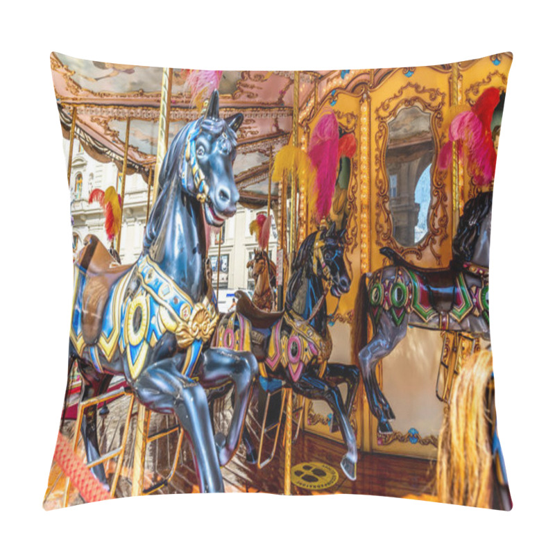 Personality  Florence, Toscana/Italy - 24.08.2020: A Very Pretty And Elaborately Decorated Children's Carousel With Black Horses And Lots Of Golden Paint. Pillow Covers