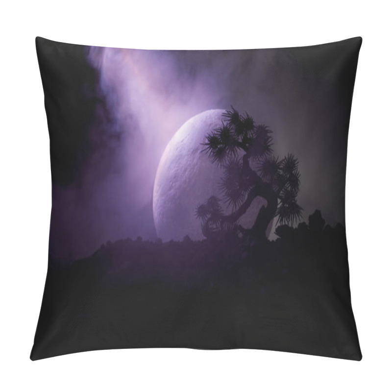 Personality  Silhouette Tree On Full Moon Background. Full Moon Rising Above Japanese Style Tree Against Toned Foggy Sky. Pillow Covers