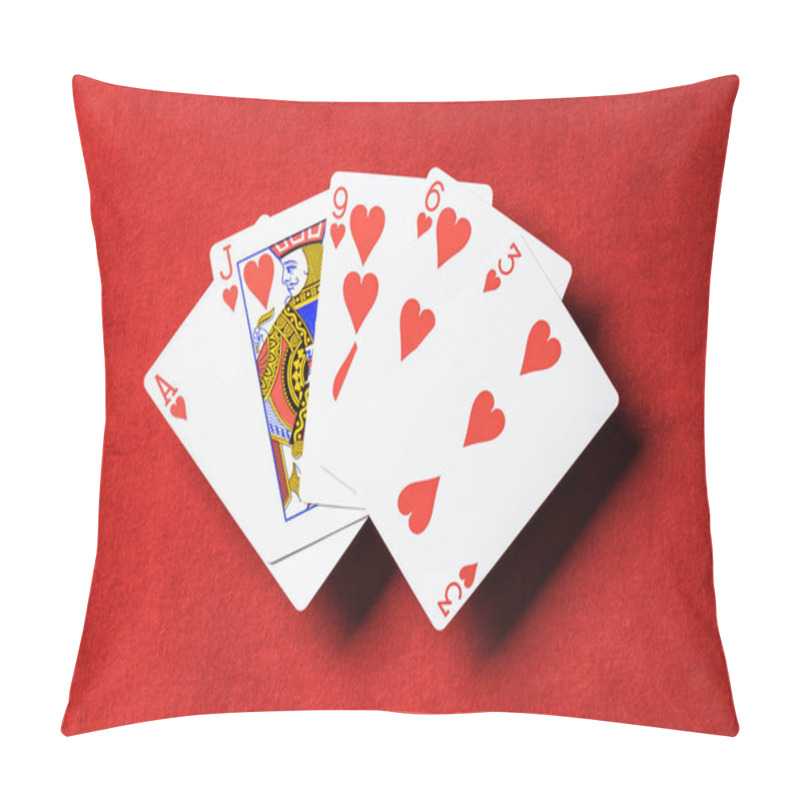 Personality  Top View Of Red Poker Table And Unfolded Playing Cards With Hearts Suit Pillow Covers