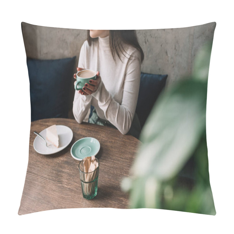 Personality  Selective Focus Of Green Plant And Woman Drinking Coffee Near Cheesecake In Cafe Pillow Covers