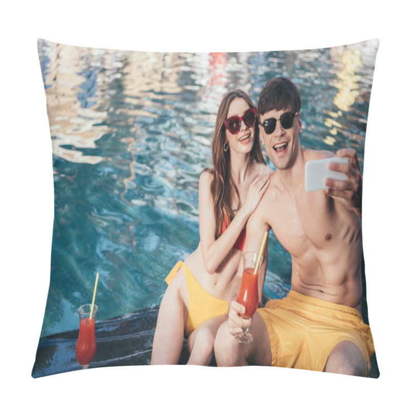 Personality  Cheerful Young Couple Taking Selfie While Sitting At Poolside With Glasses Of Refreshing Drink Pillow Covers