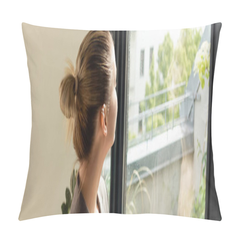 Personality  Young Woman Looking At Balcony Door At Home, Banner  Pillow Covers