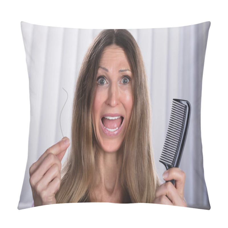 Personality  Shocked Woman Suffering From Hair Loss Problem Pillow Covers