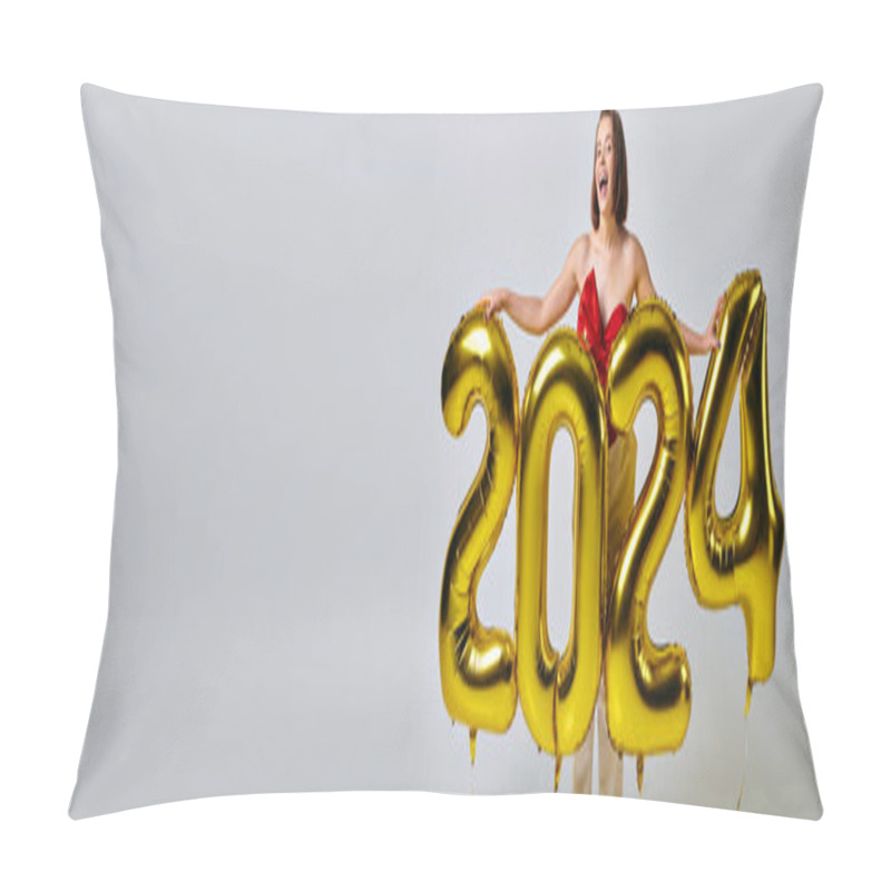 Personality  New Year Banner, Excited Young Woman In Trendy Attire Holding Balloons With 2024 Numbers On Grey Pillow Covers