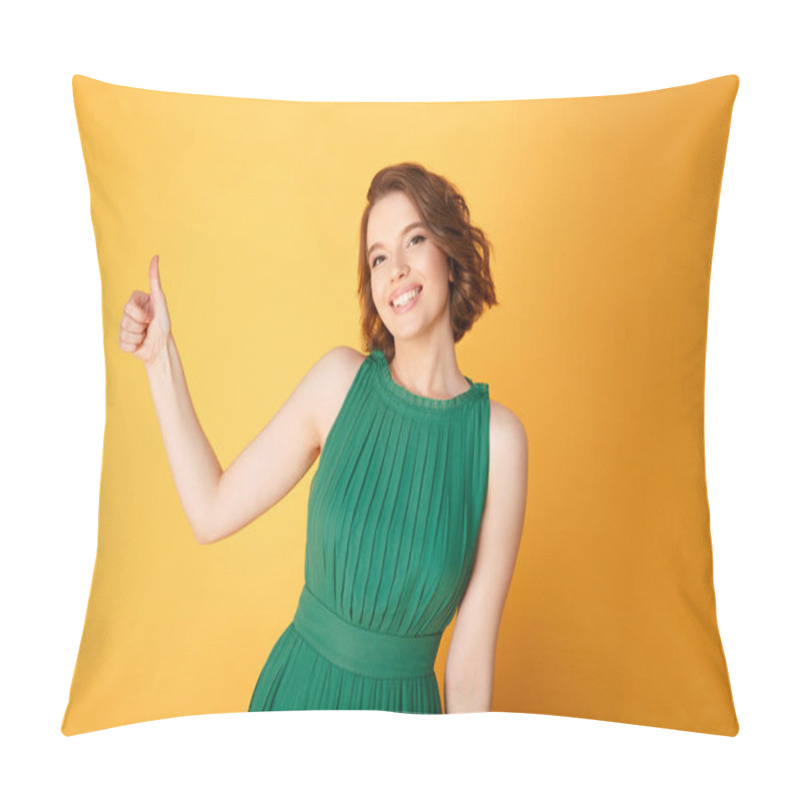 Personality  Portrait Of Pretty Smiling Woman Showing Thumb Up Isolated On Orange Pillow Covers