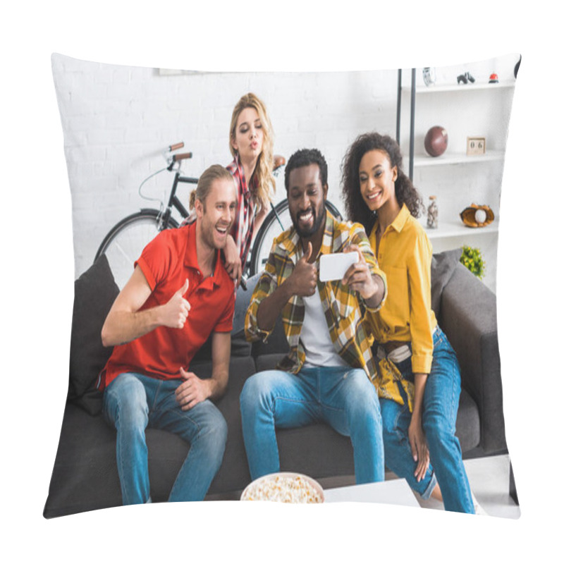 Personality  Excited Happy Multicultural Men And Women Sitting On Couch And Taking Selfie In Living Room Pillow Covers