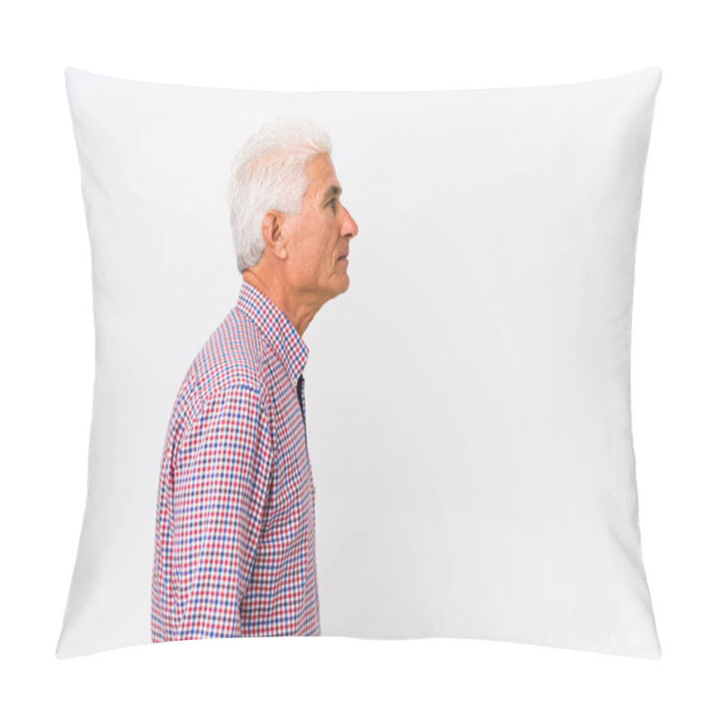 Personality  Senior Caucasian Man Isolated Gazing Left, Sideways Pose. Pillow Covers