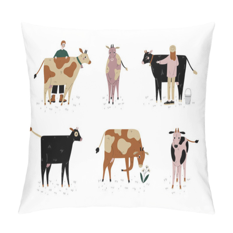 Personality  Man And Woman Farmer With Milk Cow Grazing On Pasture As Dairy Cattle Breeding And Farming Vector Set. Male And Female Caring About Livestock And Domestic Animal For Producing Milk Concept Pillow Covers