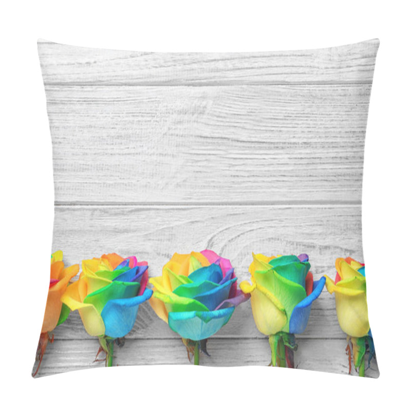 Personality  Rainbow Rose Flowers On Wooden Background, Top View Pillow Covers