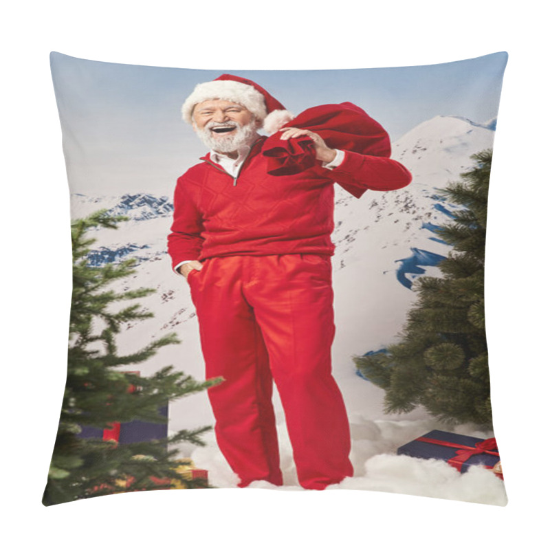 Personality  Stylish Santa Posing With One Hand In Pocket Surrounded By Gifts On Snowy Backdrop, Winter Concept Pillow Covers