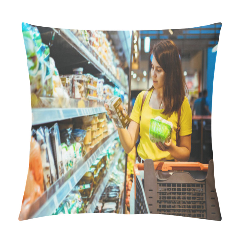 Personality  Young Pretty Adult Woman Do Shopping In Grocery Store Pillow Covers