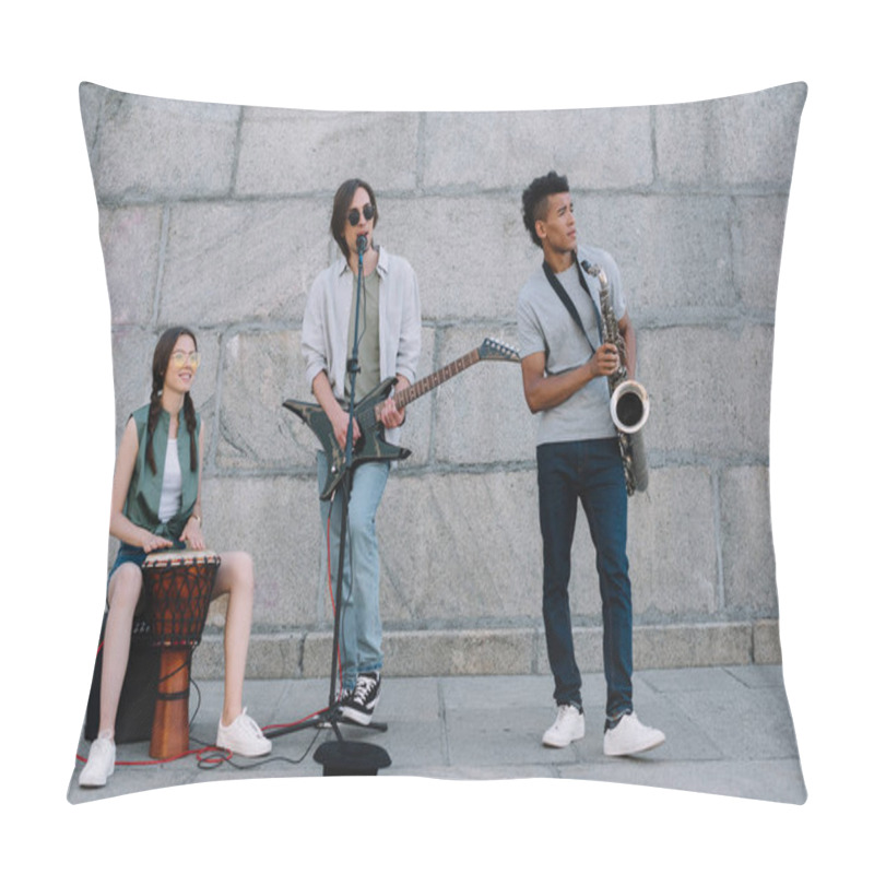 Personality  Multiracial Young People Performing In Band On Street Pillow Covers