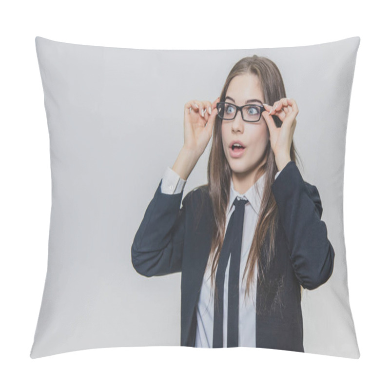 Personality  Close Up Portrait Of A Dazzling And Astounded Businesswoman, Who Is Touching The Black Rim Of Glasses With Both Hands And Opens Her Mouth Slightly. Pillow Covers