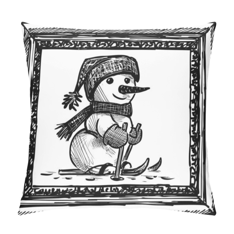 Personality  Sketch Of Cheerful Snowman Skiing In Decorative Picture Frame Pillow Covers