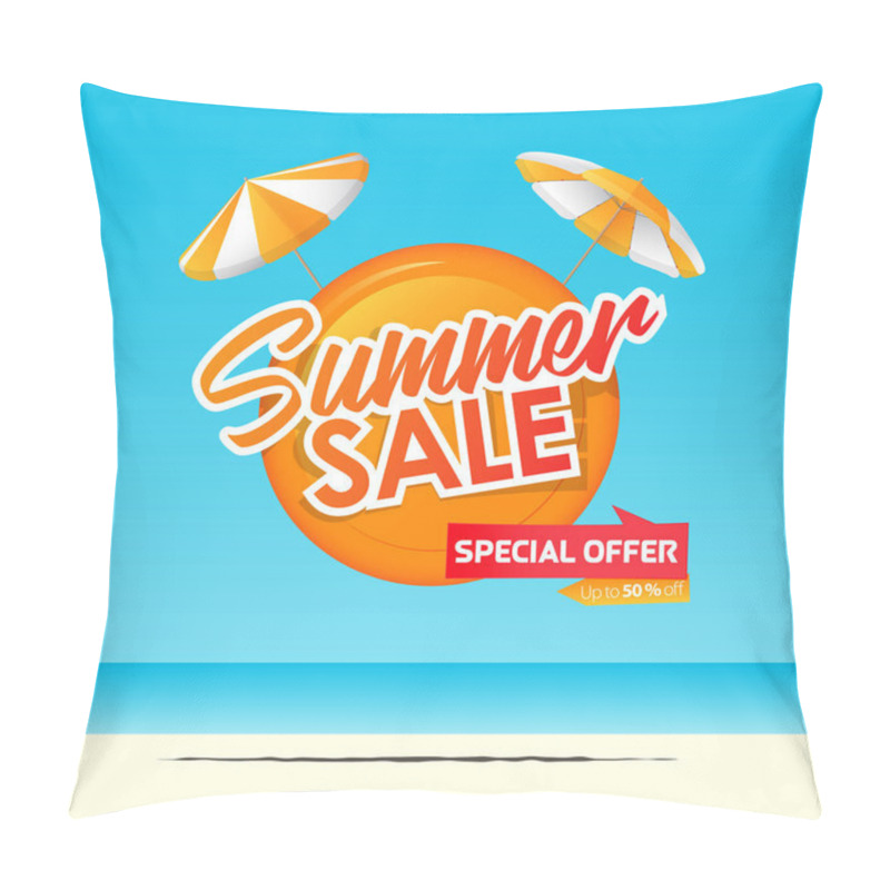 Personality  Summer Sale Banner Template Design. Special Offer  Up To 50% Off Banner For Summer Season. Two Orange Beach Umbrella With Orange Circle In Flat Design. Summer Sale Typography On Sea Background. Vector Illustration. Pillow Covers