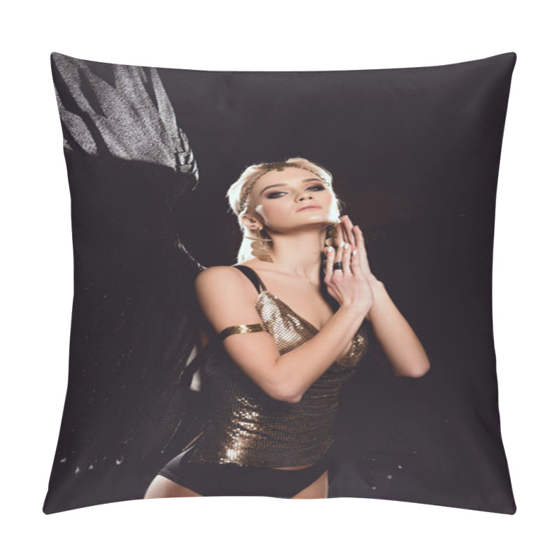 Personality  Beautiful Sexy Woman With Angel Wings And Golden Accessories Looking At Camera And Posing Isolated On Black Pillow Covers