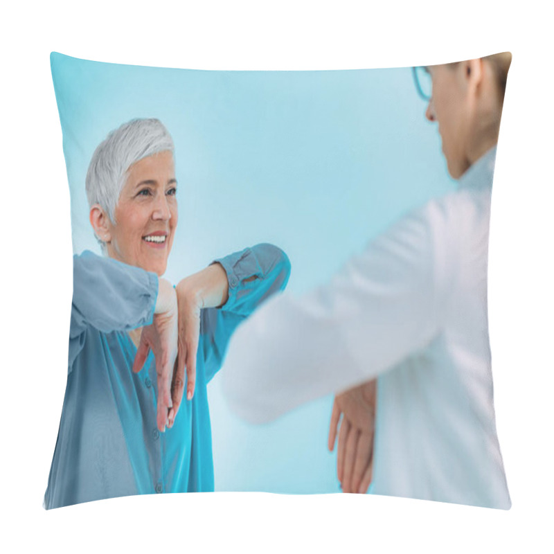 Personality  Doctor Doing Medical Exam With Senior Woman, Checking For Carpal Tunnel Syndrome. Pillow Covers