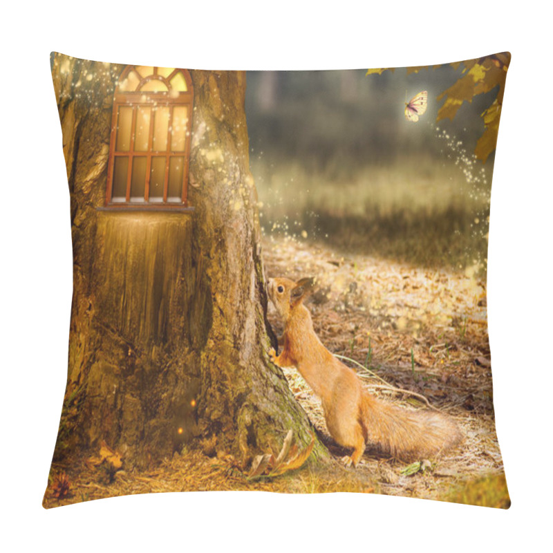 Personality  Squirrel (Sciurus Vulgaris) Near Fantasy House In Pine Tree With Glowing Window, Magical Glade In Enchanted Fairy Tale Forest, Cute Animal And Butterfly In Fairytale Wood, Mysterious Nature Background Pillow Covers