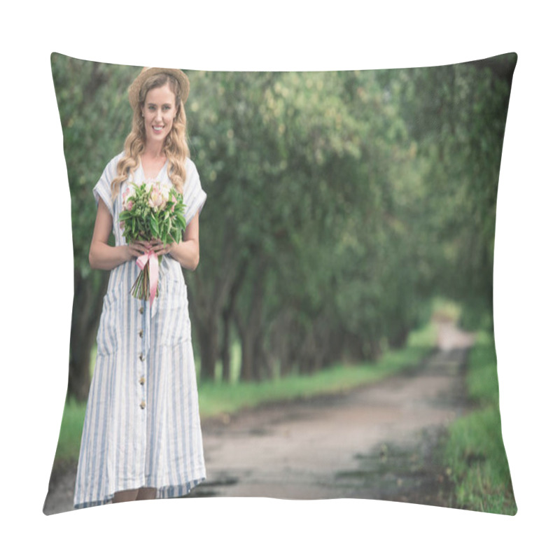 Personality  Beautiful Blonde Woman In Dress And Straw Hat With Bouquet Of Flowers Standing On Path In Garden Pillow Covers