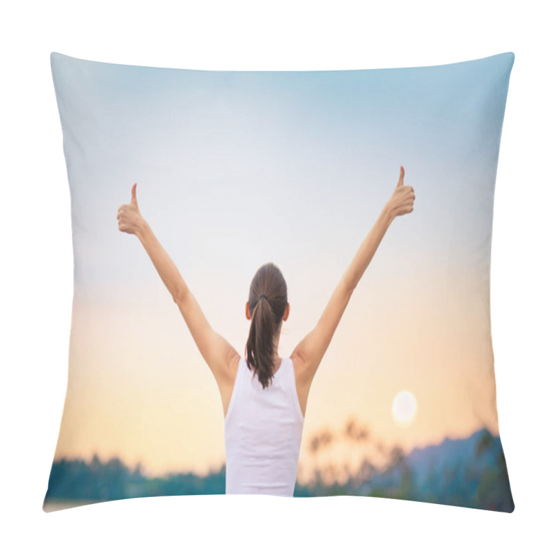 Personality  Young Woman With Arms In The Air Giving Thumbs Up. Pillow Covers