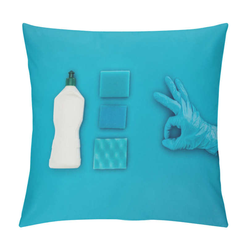 Personality  Cropped Image Of Woman Showing Ok Sign In Rubber Protective Glove Isolated On Blue Pillow Covers