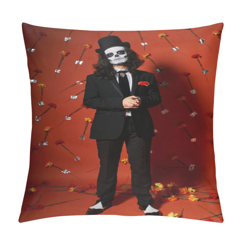 Personality  Full Length Of Man In Skull Makeup And Festive Attire On Red Floral Backdrop, Dia De Los Muertos Pillow Covers