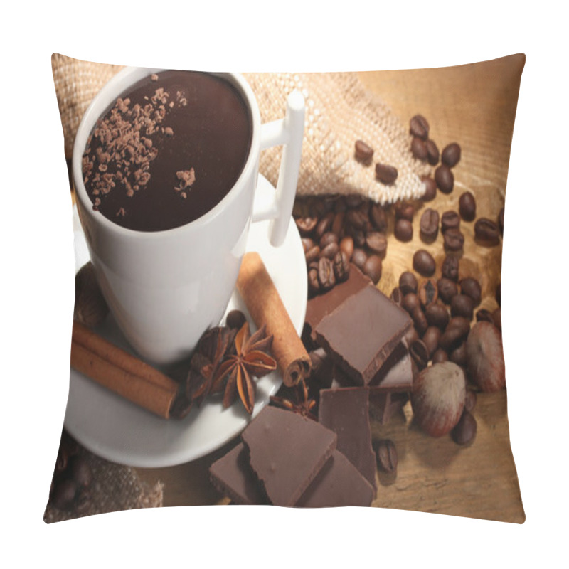 Personality  Cup Of Hot Chocolate, Cinnamon Sticks, Nuts And Chocolate On Wooden Table Pillow Covers