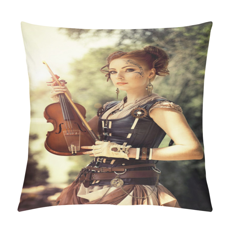 Personality  Beautiful Redhair Woman With Body Art On Her Face Holding Violin Pillow Covers