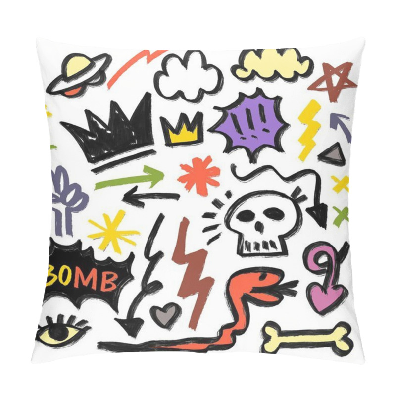 Personality  Bold Hand Drawn Abstract Doodle Icons Featuring Skull, Crown, And Various Symbols, Isolated On A White Background For Creative Designs Pillow Covers