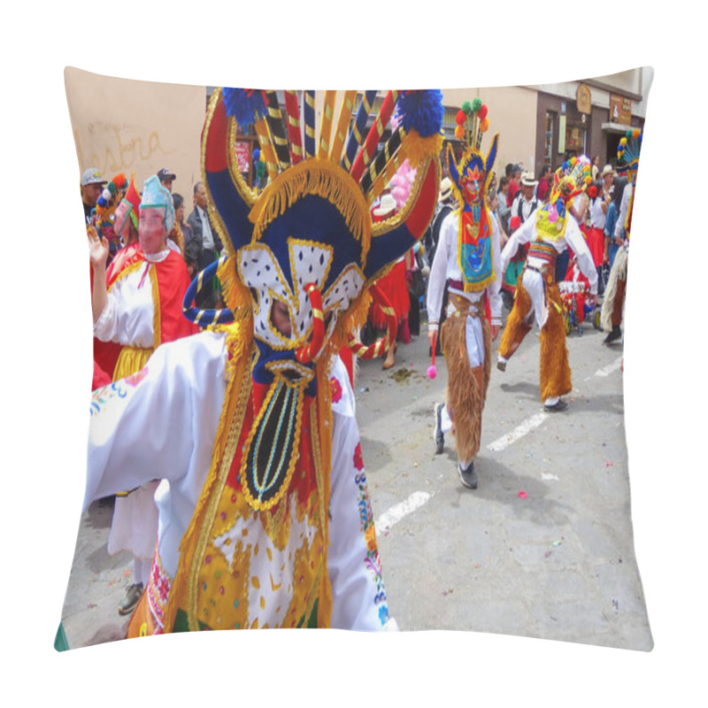 Personality  Cuenca, Ecuador - December 24, 2018: Dancers Dressed As Characters Of Inti Raymi Celebration Called Diablo Huma (Devil) At The Annual Pase Del Nino Christmas Parade At Historic Center Of City Cuenca Pillow Covers