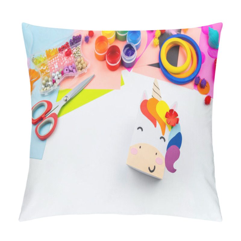 Personality  A Box With A Gift Inside In The Form Of A Rainbow Unicorn. Children's Paper Craft School Kindergarten. Party With A Surprise. Pillow Covers