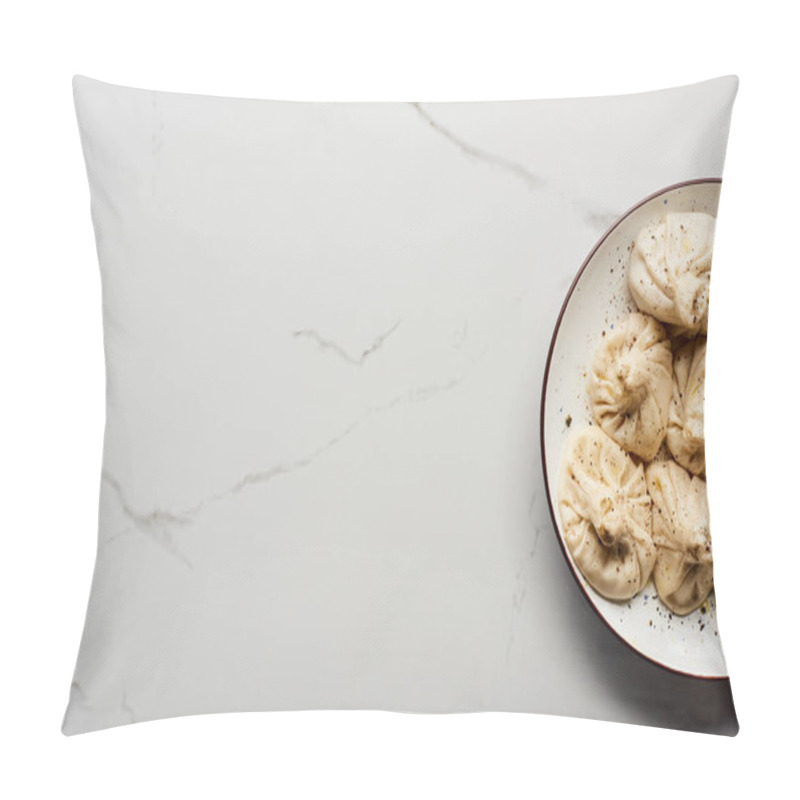 Personality  Top View Of Fresh Delicious Khinkali On Marble Table Pillow Covers