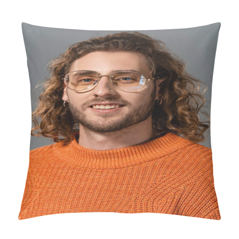 Personality  Handsome And Smiling Man In Orange Sweater Looking At Camera Isolated On Grey Pillow Covers