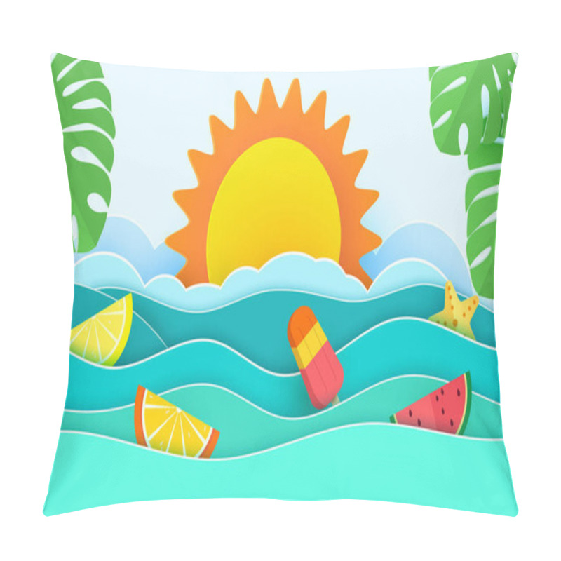 Personality  Sea Waves And Tropical Leaves In Paper Art Style. Poster With Summer Holidays In Paper Design. Vector Illustration. Pillow Covers