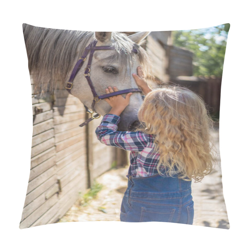 Personality  Side View Of Preteen Kid Touching Horse At Farm Pillow Covers