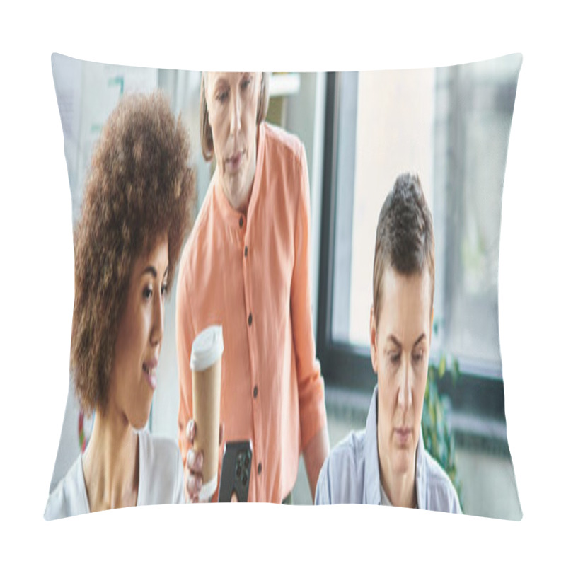 Personality  A Group Of Hard-working Women Of Varying Ethnicities And Sexual Orientations Stand Around A Table Engaged In A Project. Pillow Covers