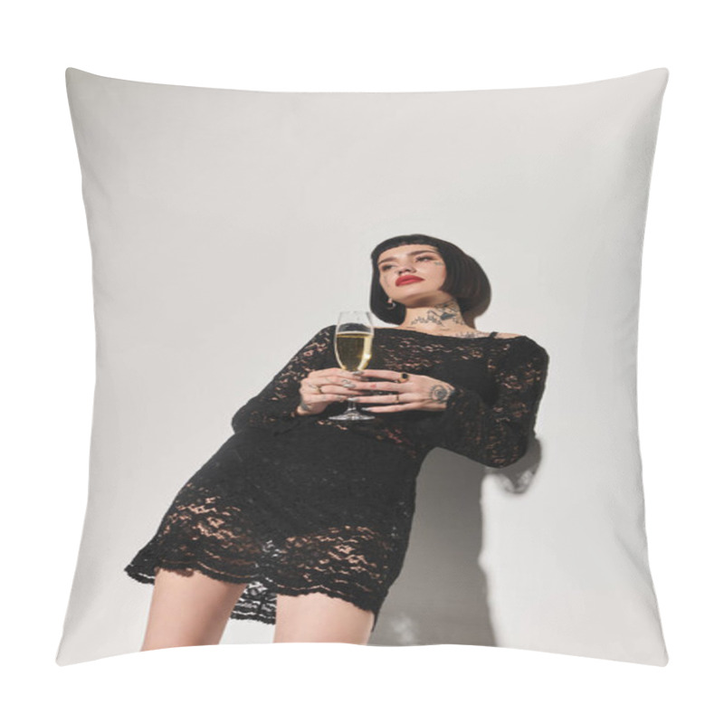 Personality  A Fashionable Woman Poses Confidently Holding A Glass Of Champagne. Pillow Covers