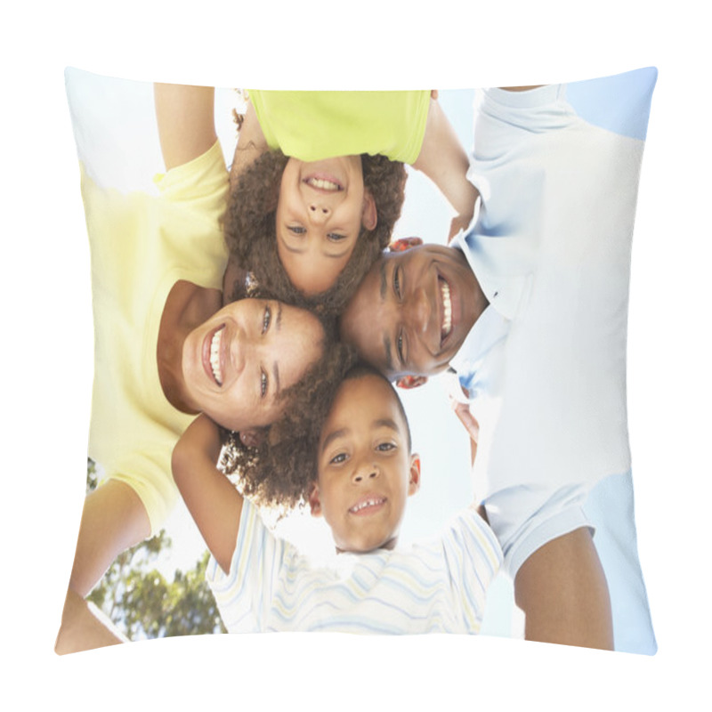 Personality  Portrait Of Happy Family Looking Down Into Camera In Park Pillow Covers