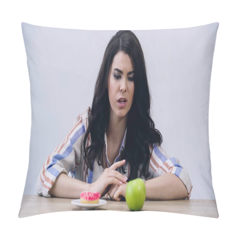 Personality  Brunette Woman Choosing Between Apple And Doughnut Isolated On Grey Pillow Covers