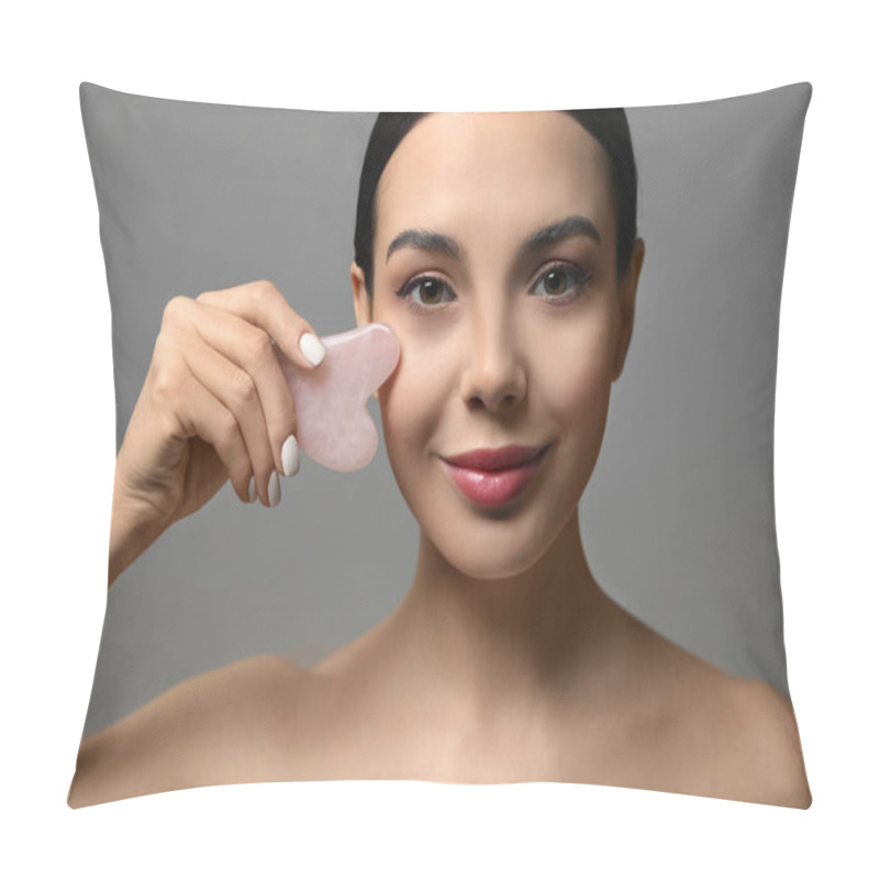 Personality  Beautiful Young Woman Doing Facial Massage With Gua Sha Tool On Grey Background, Closeup Pillow Covers